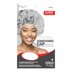 Self-warming conditioner cap bonnet packaging with a model wearing the cap on a white background.