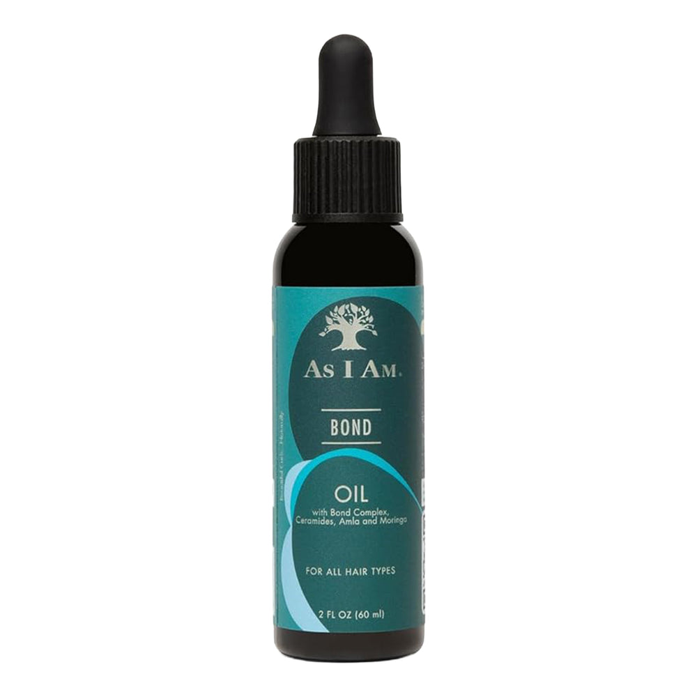 Bottle of As I Am Bond Oil on a white background