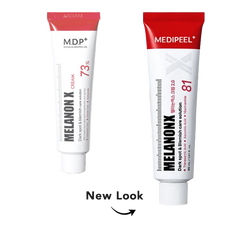 Two cosmetic cream tubes on a white background with the text 'New Look' and arrow below. The left tube is white with a red cap and red text, labeled MDP+ MELANON X CREAM 73%.