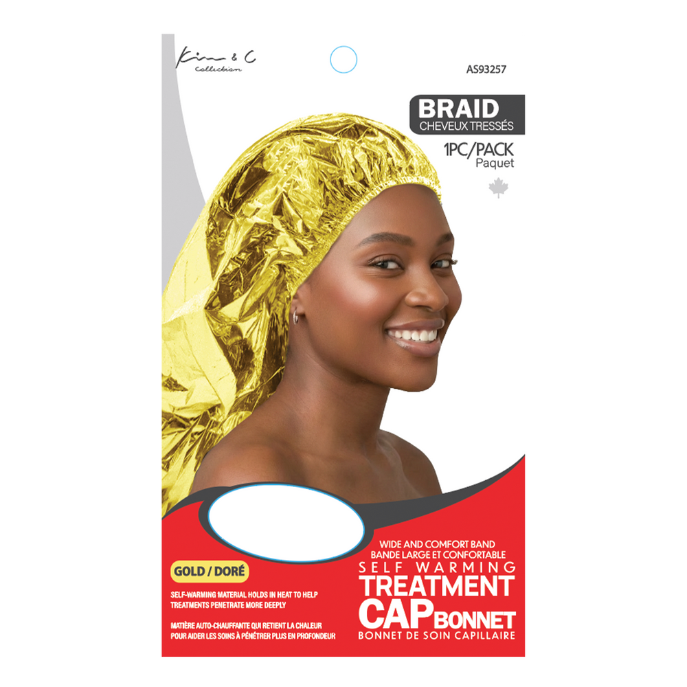 Gold treatment cap with a model wearing it on a white background