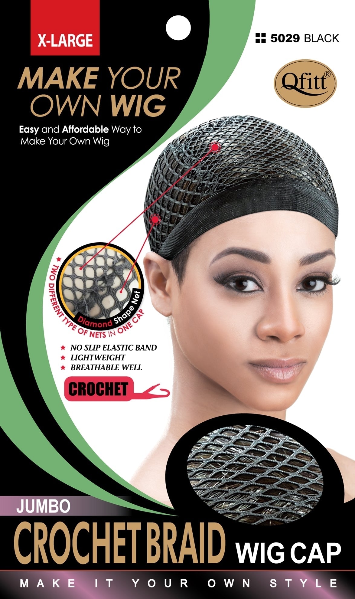 Qfitt Jumbo X-Large Crochet Braid Wig Cap # 5029 Black