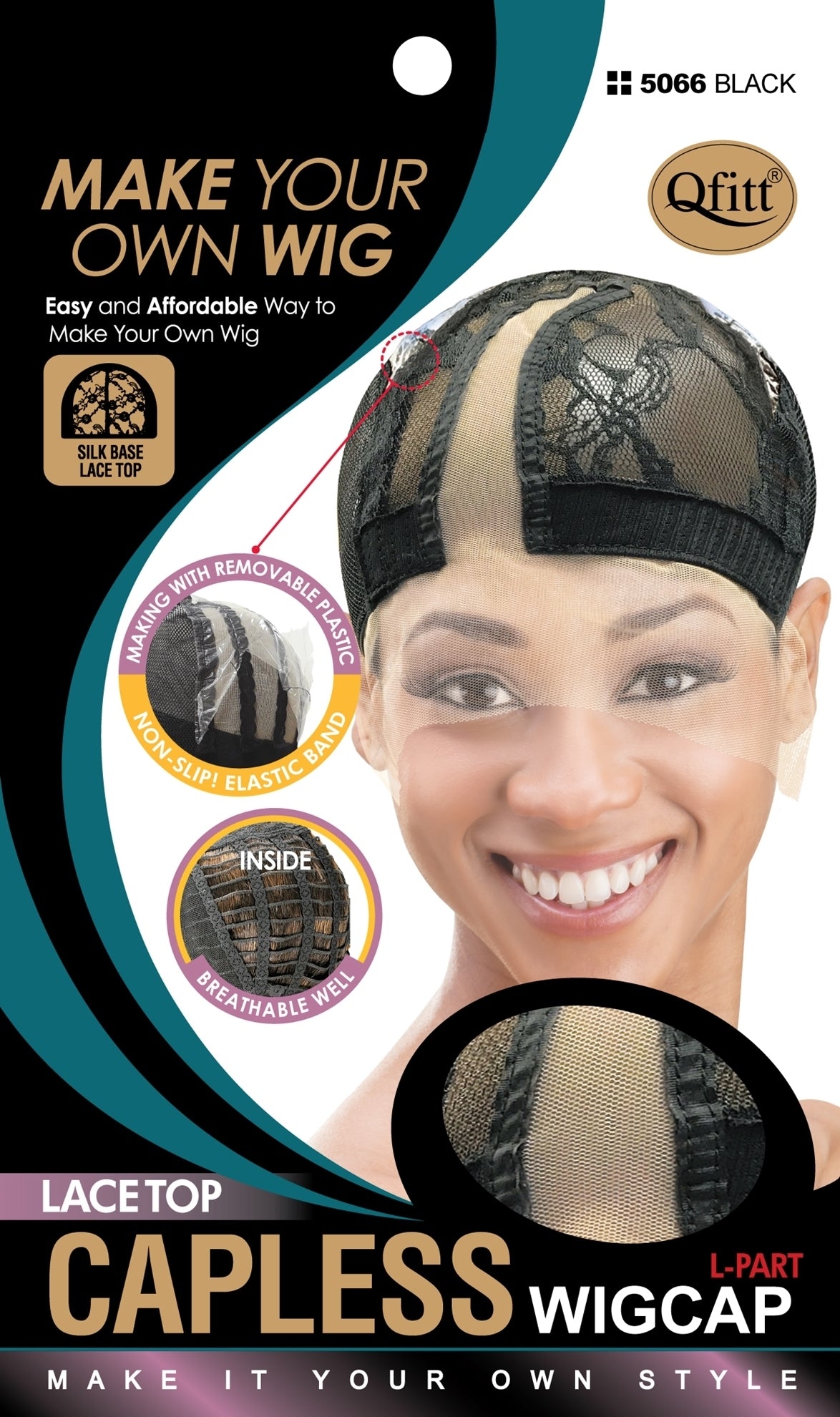 Qfitt Lace Top Capless L-Part Wig Cap # 5066 Black