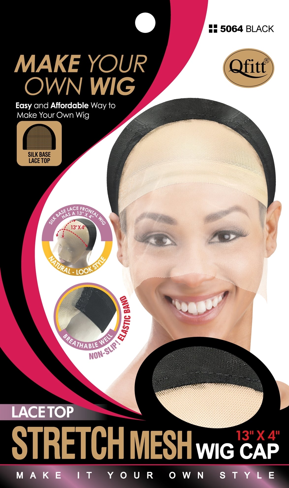 Qfitt Lace Top Stretch Mesh Wig Cap # 5064 Black