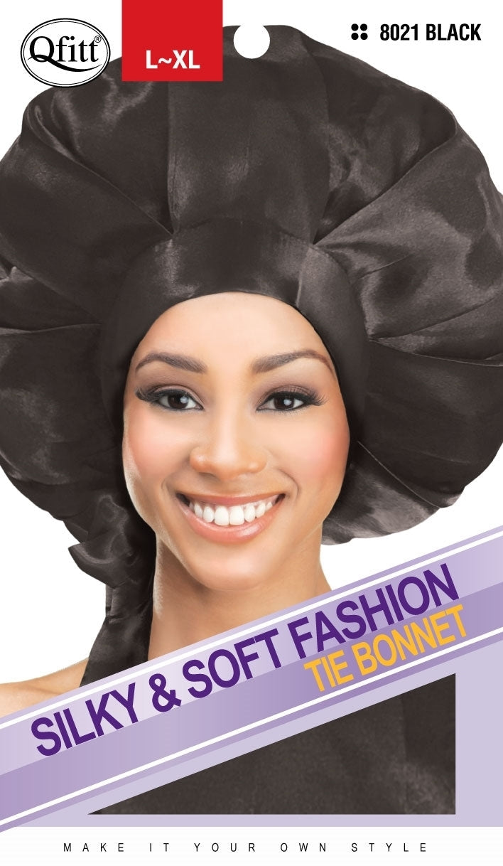 Qfitt Silky & Soft Satin Fashion Tie Bonnet #8021 Black