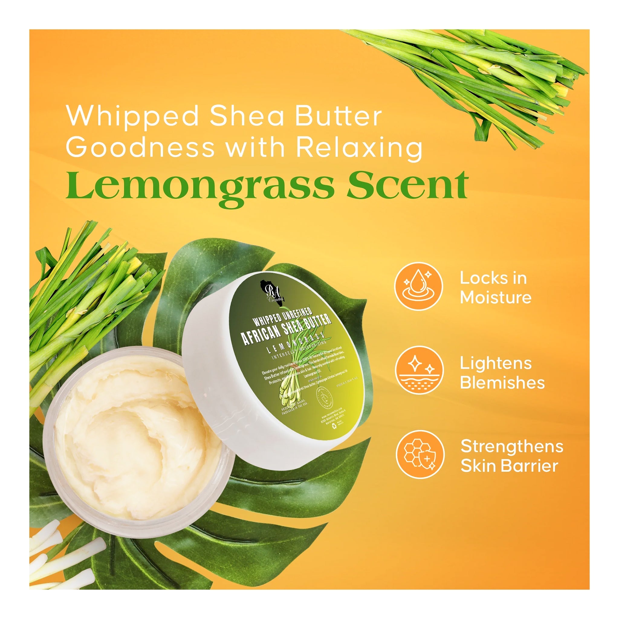 RA COSMETICS 100% Pure African Shea Butter [Whipped] (6oz) - Lemongrass