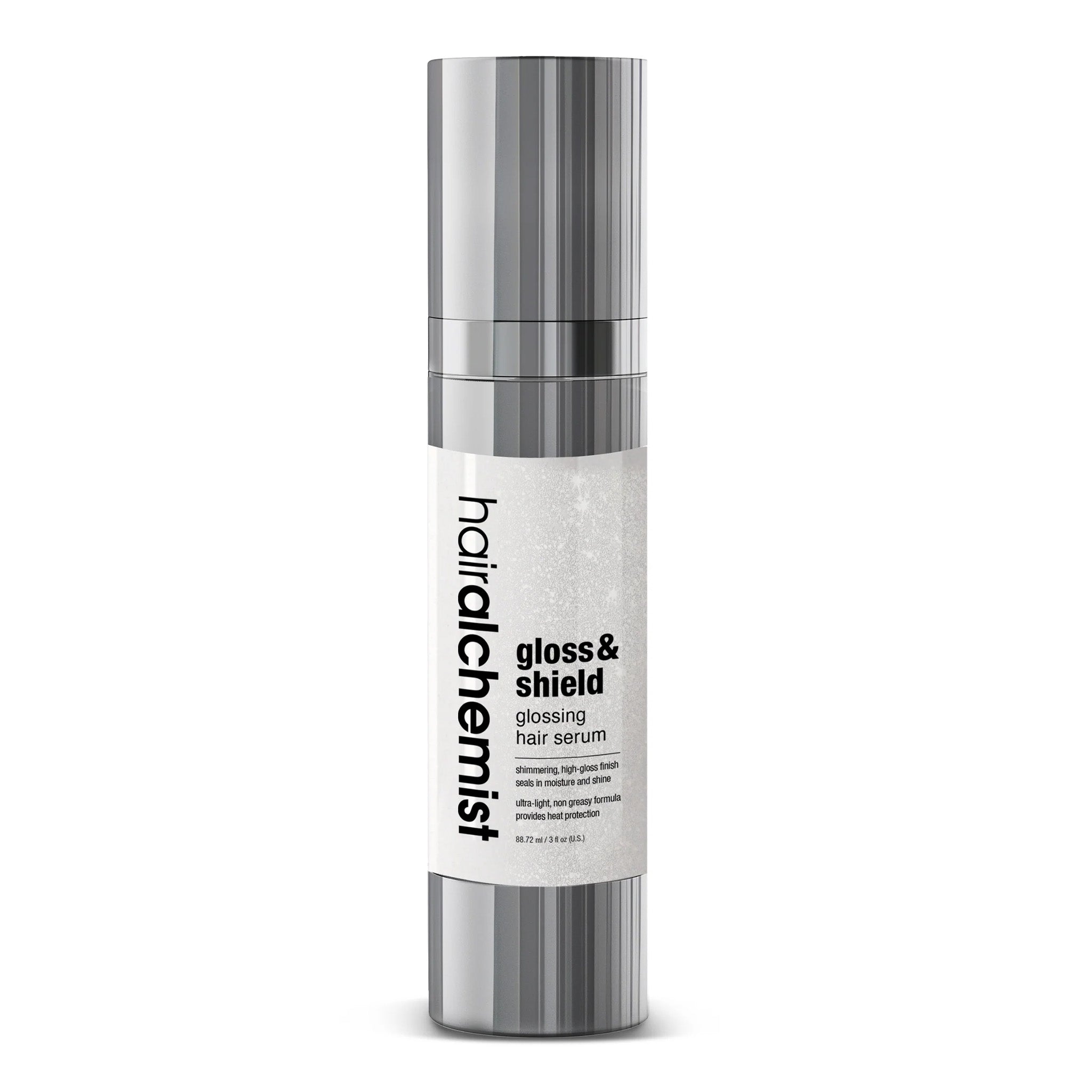 Hair alchemist gloss & shield hair serum bottle on a white background