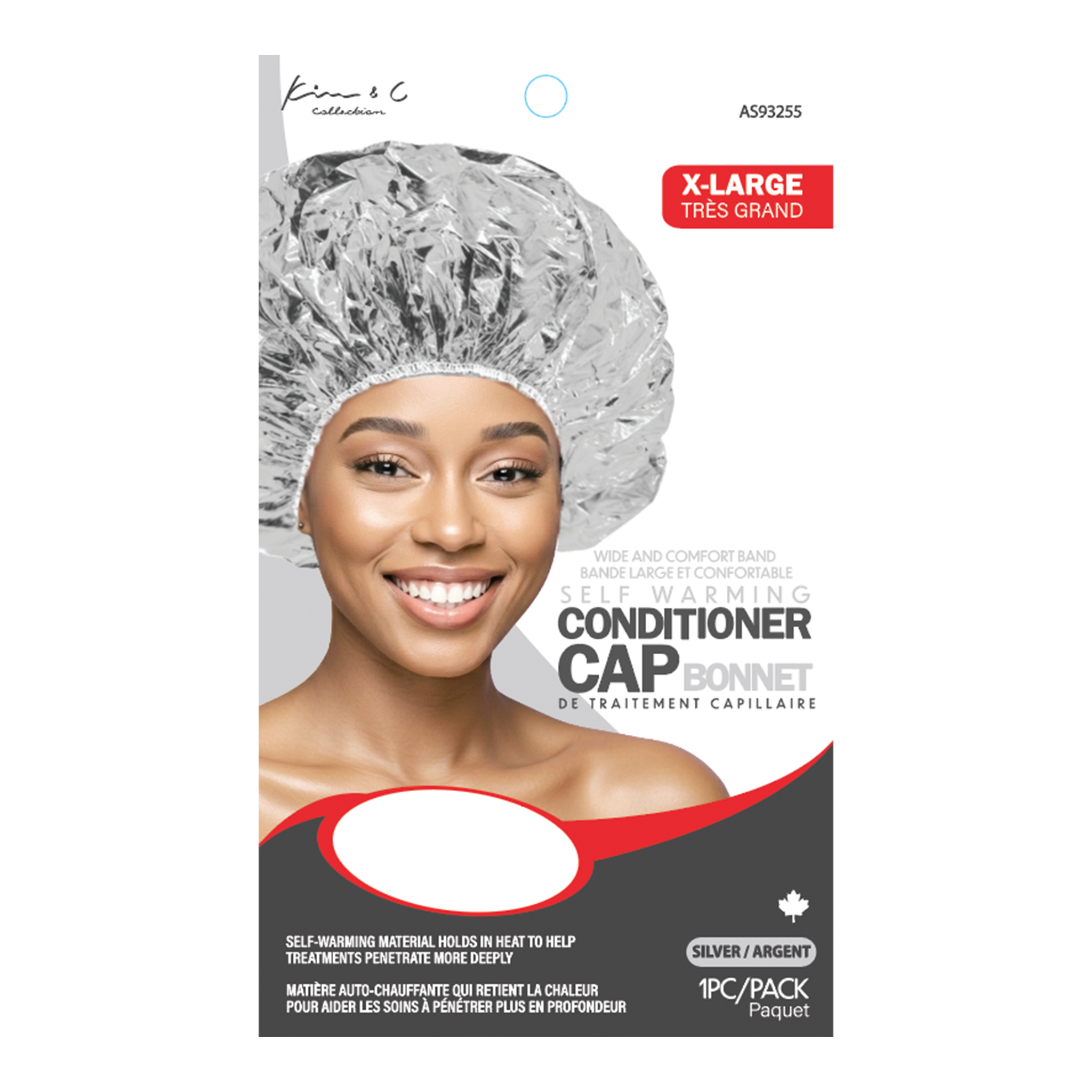 Self-warming conditioner cap bonnet packaging with a model wearing the cap on a white background.