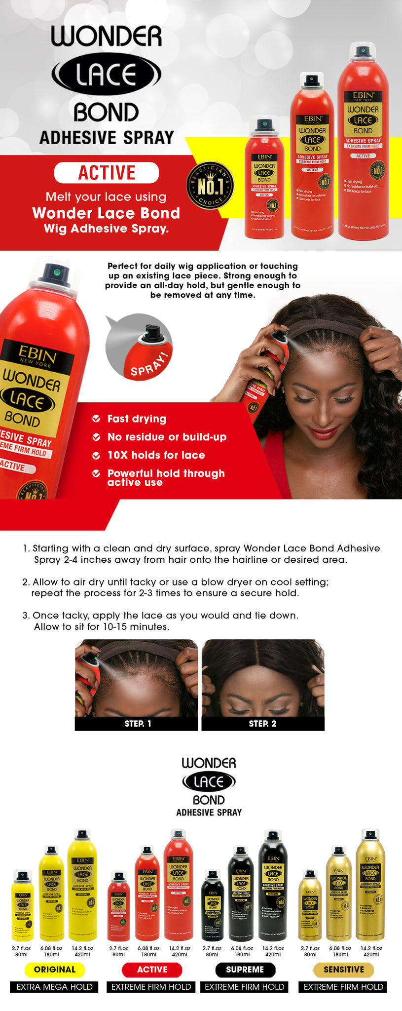 EBIN Wonder Lace Wig Bond Adhesive Spray - Active 14.2oz