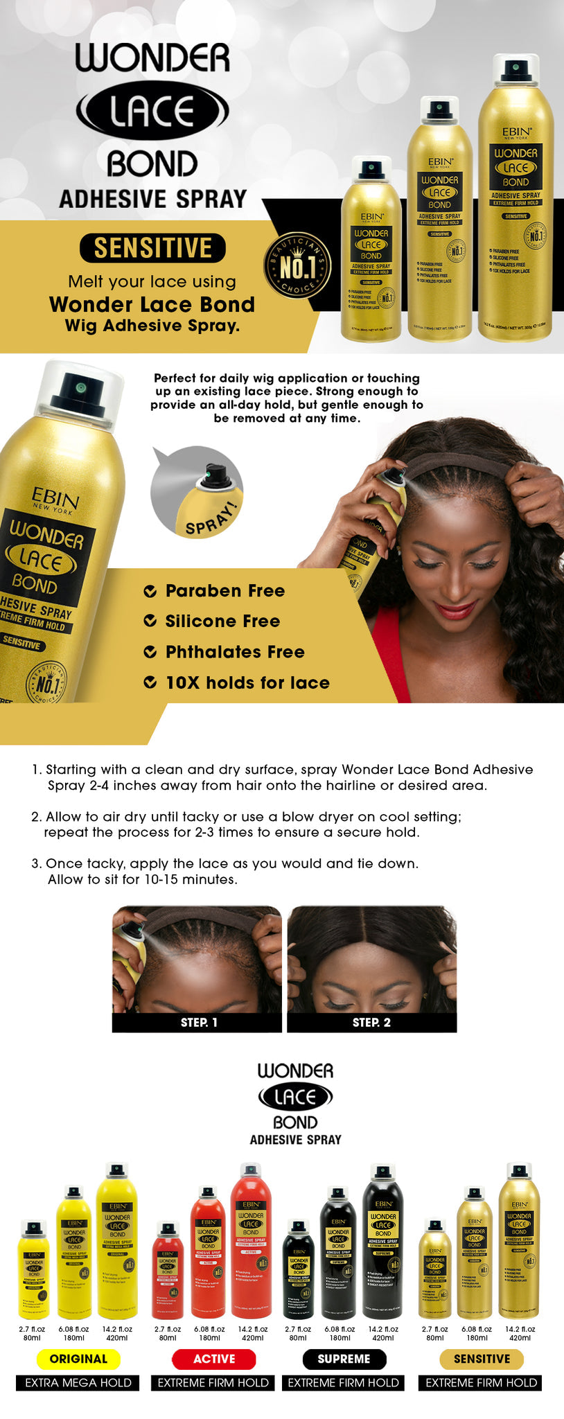 EBIN Wonder Lace Wig Bond Adhesive Spray - Sensitive 6.08oz