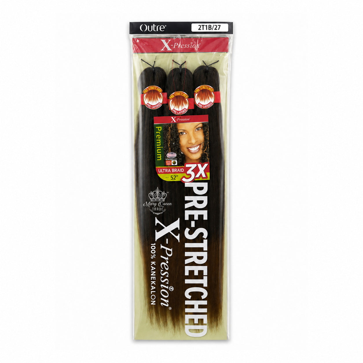 Outre X-Pression 3X Pre-Stretched Ultra Braid, 52 inches, colour 2T1B/27, original packaging with Mary Queen Trade watermark.