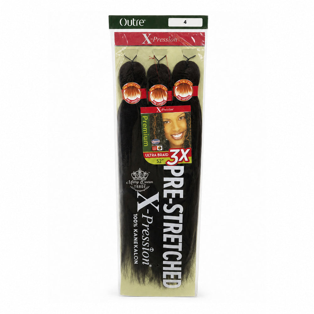Outre X-Pression 3X Pre-Stretched Ultra Braid, 52 inches, colour 4, original packaging with Mary Queen Trade watermark.