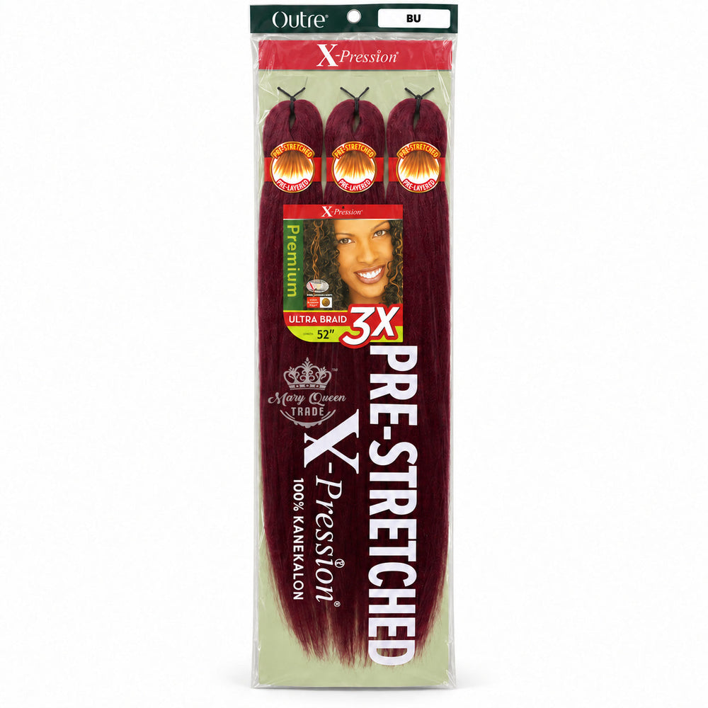 Outre X-Pression 3X Pre-Stretched Ultra Braid, 52 inches, colour BU, original packaging with Mary Queen Trade watermark.