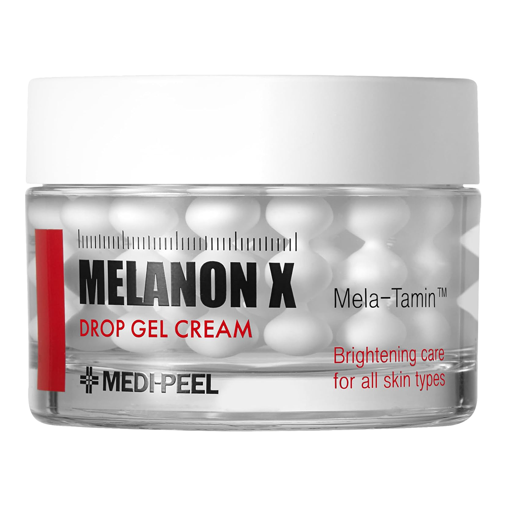 A clear cosmetic jar of MEDI-PEEL Melanon X Drop Gel Cream with a white lid, showing white drop-shaped gel capsules inside, on a plain white background.