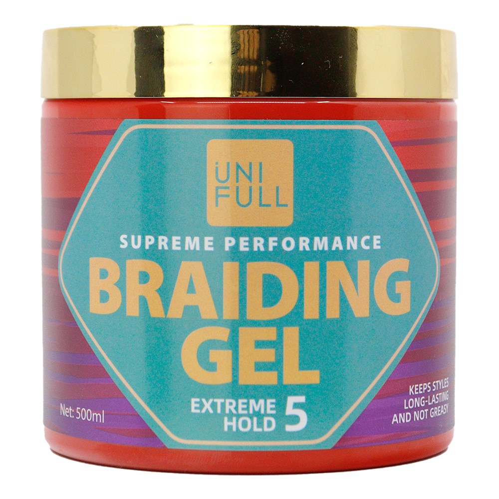 Braiding gel container with gold lid and colorful label on a white background