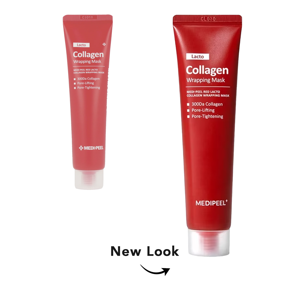 Two red Medipeel Collagen Wrapping Mask tubes shown on a white background, one smaller and one larger, with a 'New Look' label and arrow below.