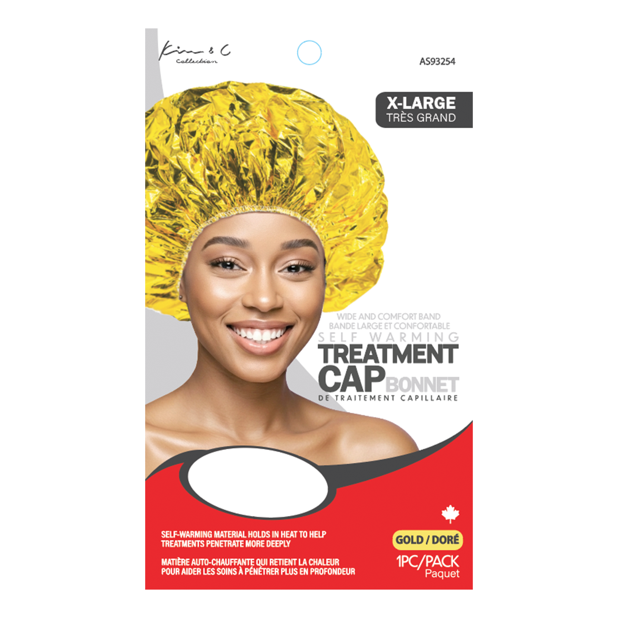 Package of a yellow treatment cap with a model wearing it, on a white background.