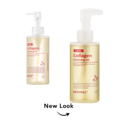 Two bottles of MDP MediPeel Lacto Collagen Cleansing Oil shown on a white background, with one bottle larger in the foreground and a smaller version behind it. Below, the text 'New Look' with a curved arrow indicates a redesigned package.
