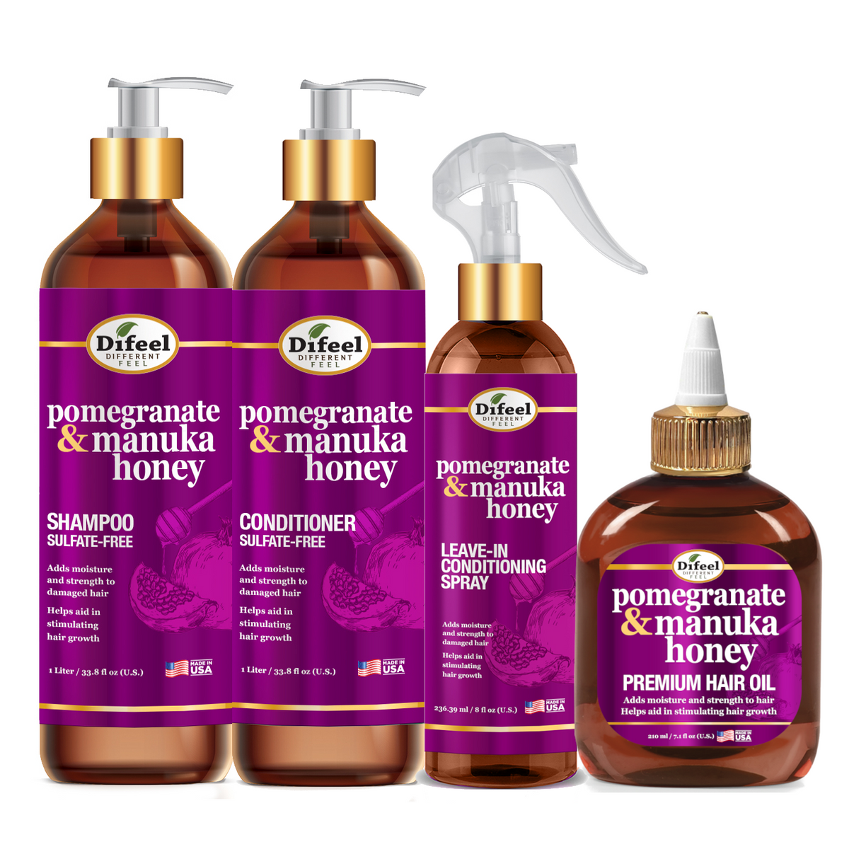Difeel Pomegranate & Manuka Honey Deluxe Hair Care Collection 4PC 33.8oz