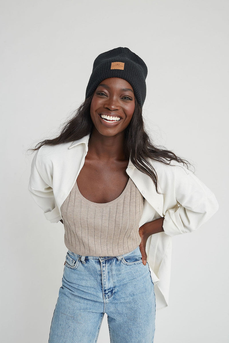 Grace Eleyae High Top Beanie Slap | Satin-Lined Cap - Black