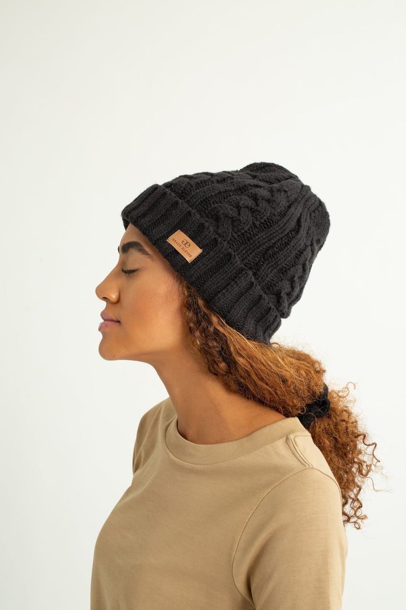 Grace Eleyae Warm Fold Over Slap | Satin-Lined Cap - Black
