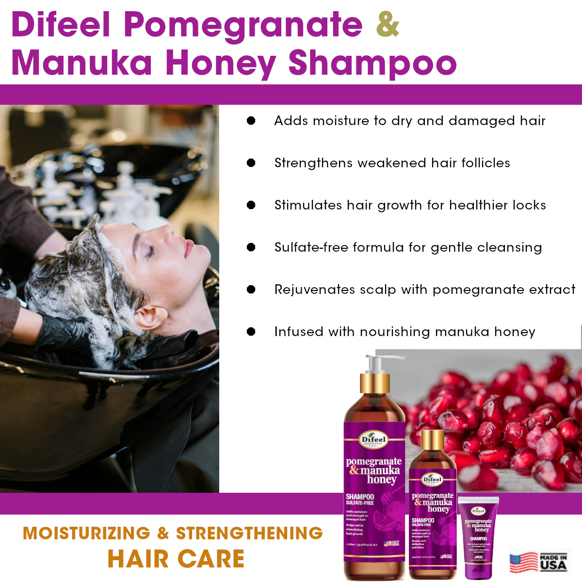 Difeel Pomegranate & Manuka Honey Sulfate Free Shampoo 12oz