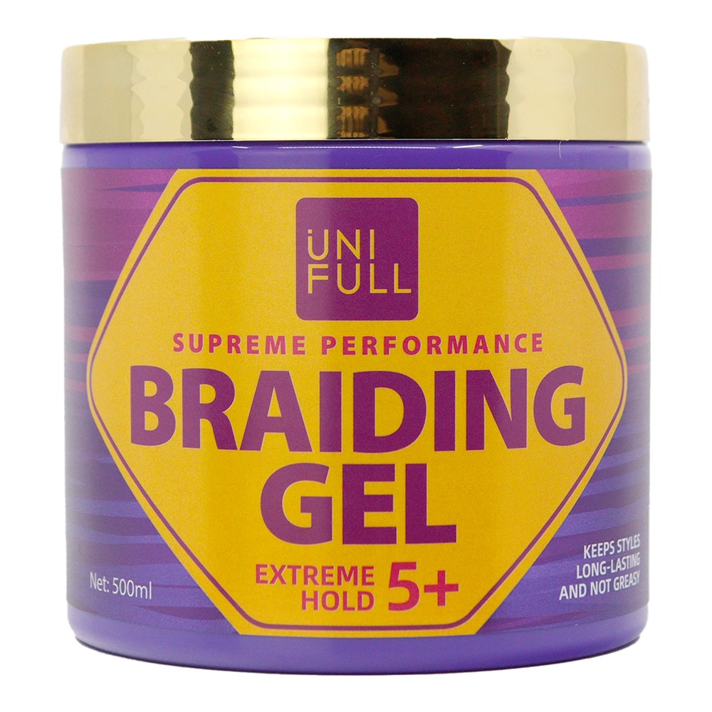 Purple jar of UNI FULL braiding gel with gold lid on a white background
