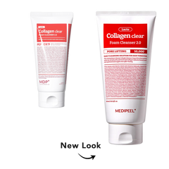 Two white tubes of MEDIPEEL Collagen clear Foam Cleanser 2.0 shown on a white background, with one tube upright and a smaller angled view behind it.