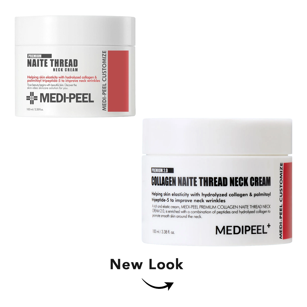 Two white skincare cream jars on a light gray background, labeled MEDI-PEEL NAITE THREAD NECK CREAM, with a black 'New Look' text and arrow below. The top jar shows the old design with a red vertical stripe, and the bottom jar shows the new design with a white lid and mostly white label.