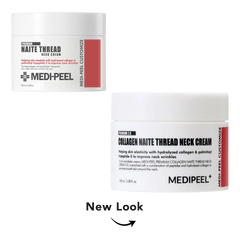 Two white skincare cream jars on a light gray background, labeled MEDI-PEEL NAITE THREAD NECK CREAM, with a black 'New Look' text and arrow below. The top jar shows the old design with a red vertical stripe, and the bottom jar shows the new design with a white lid and mostly white label.