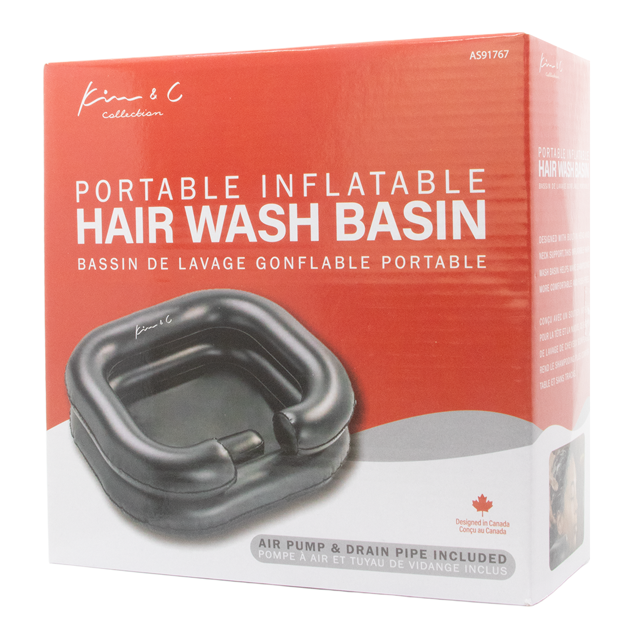 Box of a portable inflatable hair wash basin with a red background and black basin illustration.