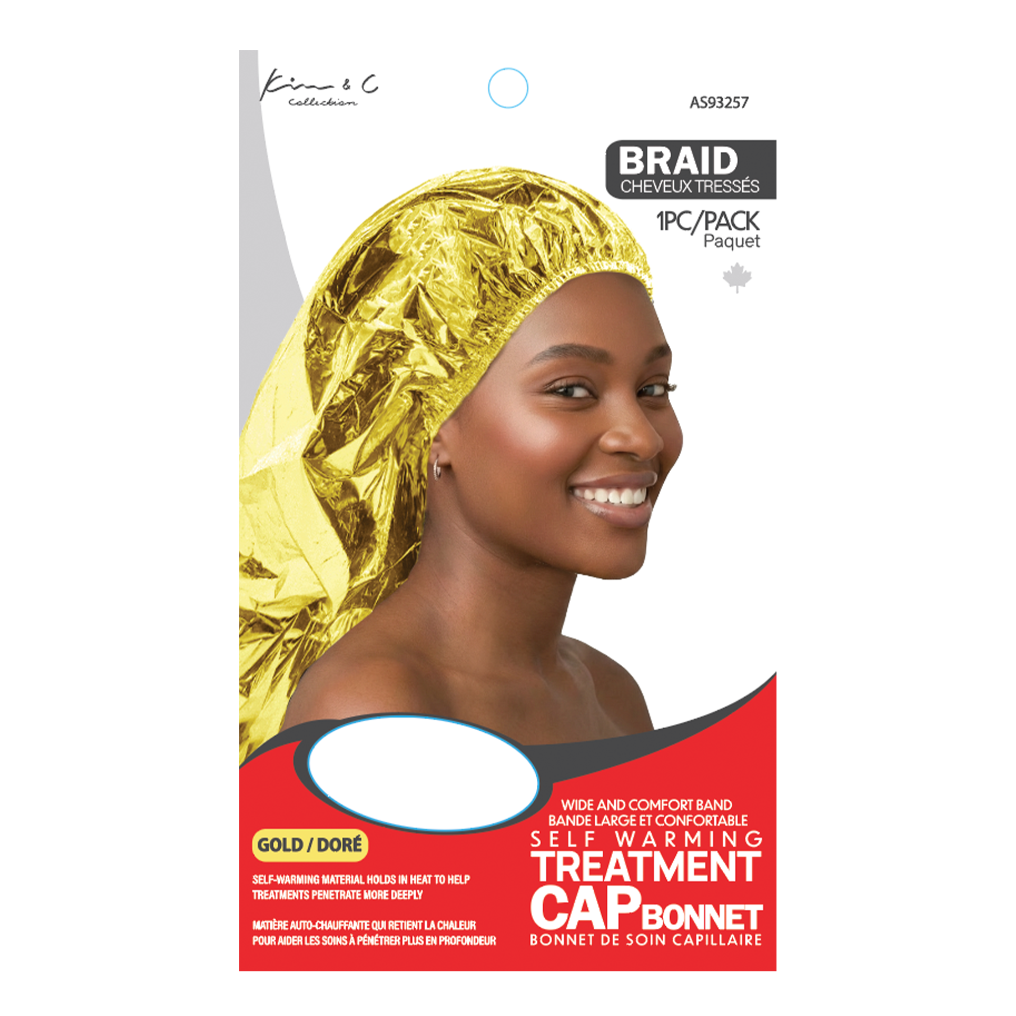 Gold treatment cap with a model wearing it on a white background