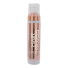 Hair gloss bottle with rose gold and white design on a white background