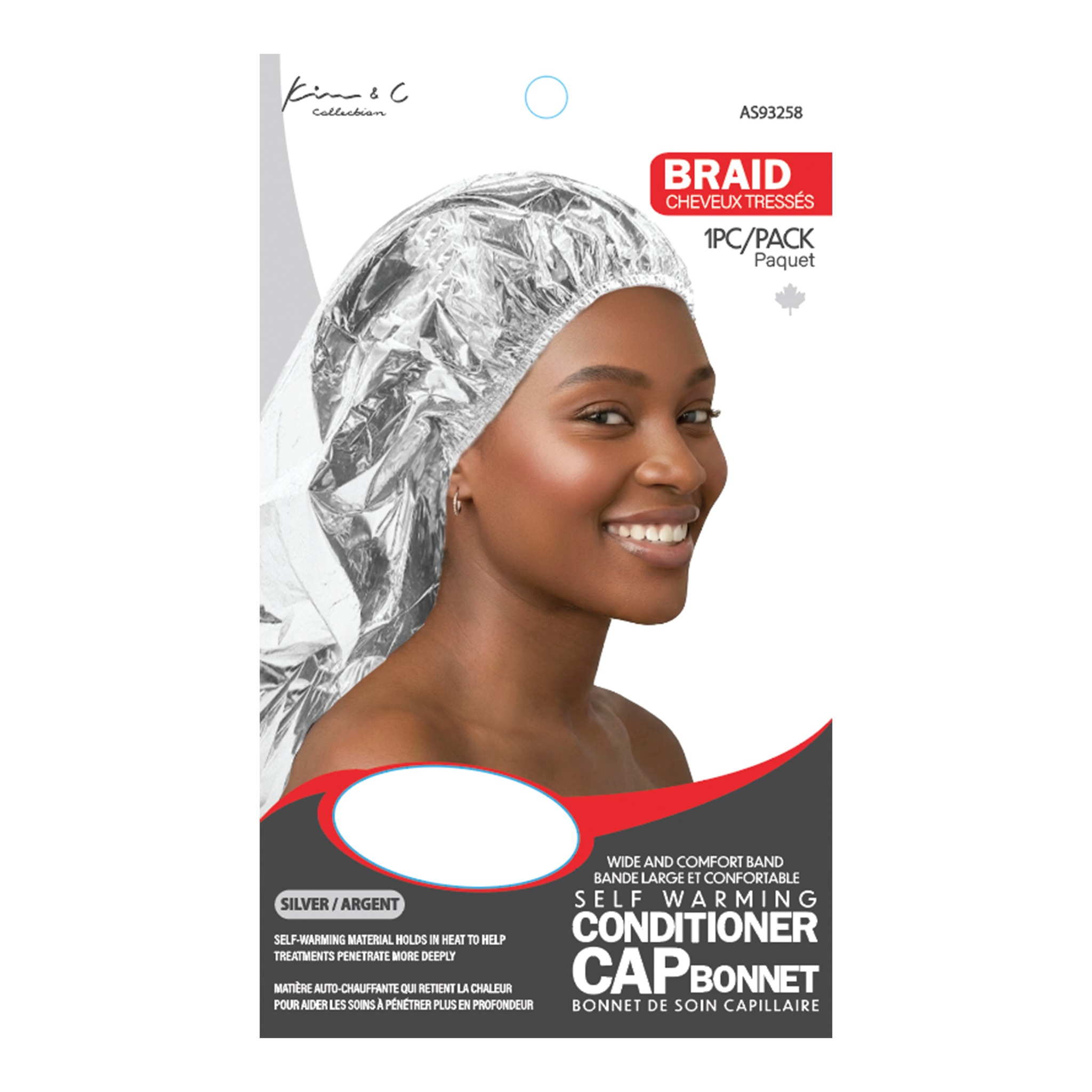 Cap bonnet packaging with a model wearing it on a white background