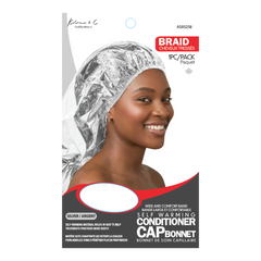 Cap bonnet packaging with a model wearing it on a white background