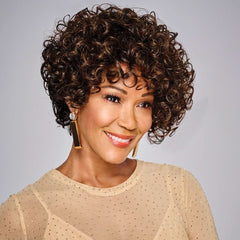 Woman wearing Leilani Wig in Chocolate Truffle while looking slightly to the right - View from the front