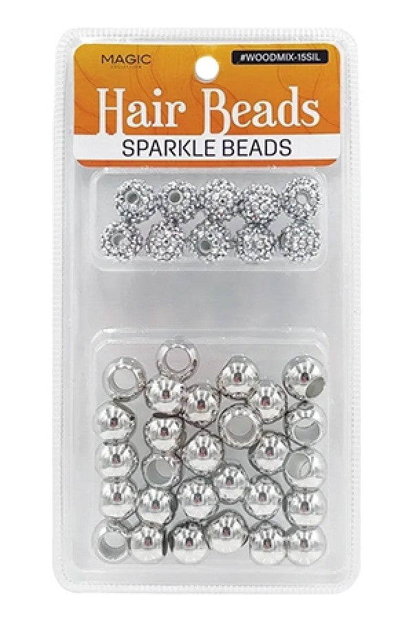 Magic Collection Hair Beads Sparke Beads - Silver #WOODMIX-15SIL