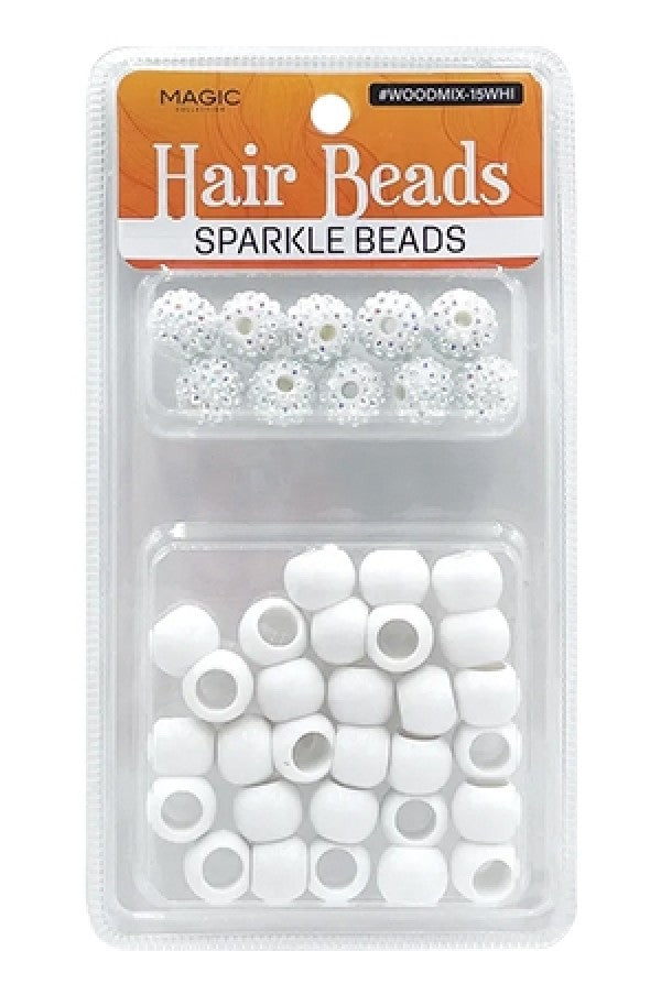 Magic Collection Hair Beads Sparke Beads - White #WOODMIX-15WHI